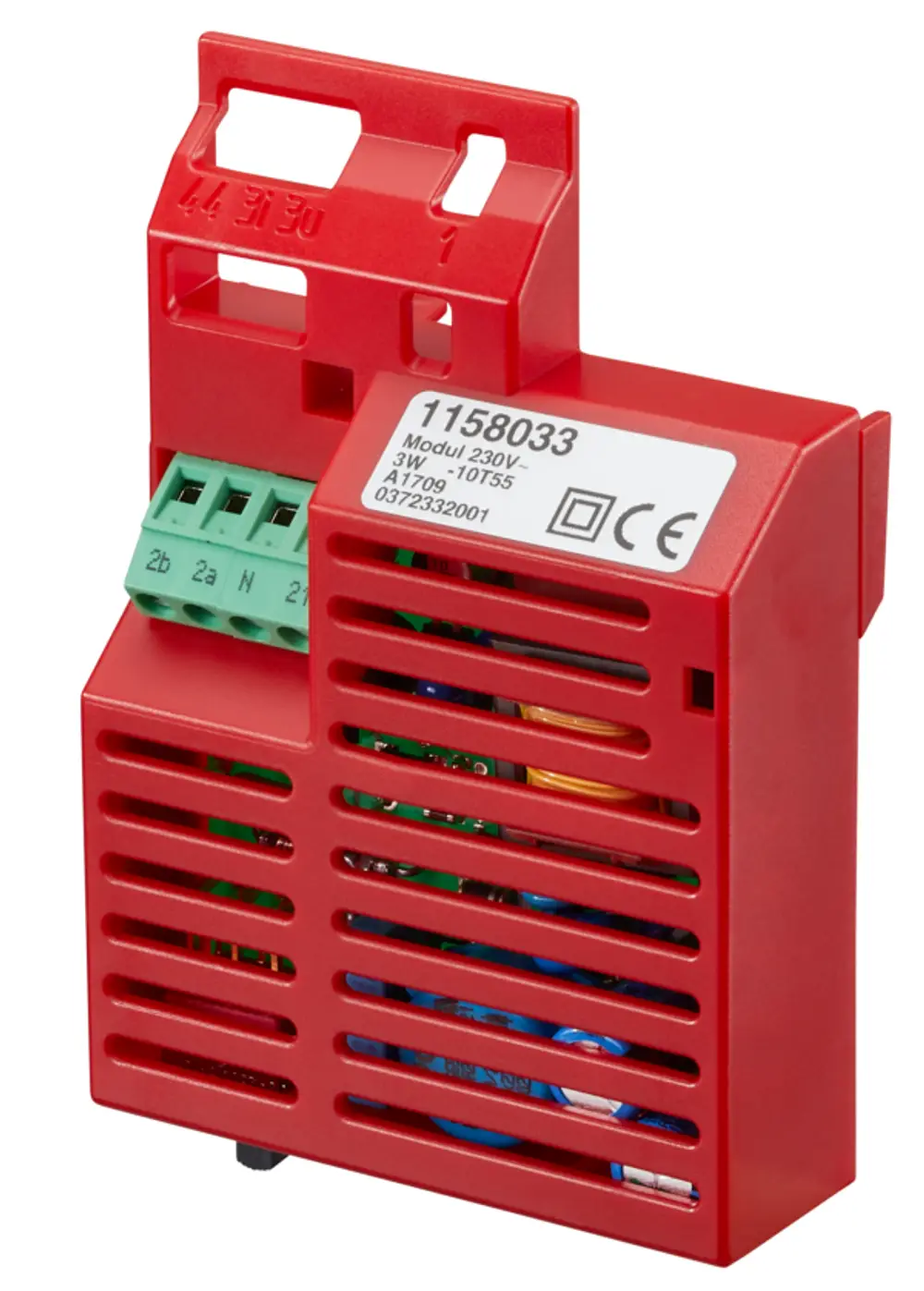 Rotes Anschlussmodul mit Anschlussklemmen und Belüftungsschlitzen, Teil des Oventrop-Systems zur Steuerung von Heizaktoren.